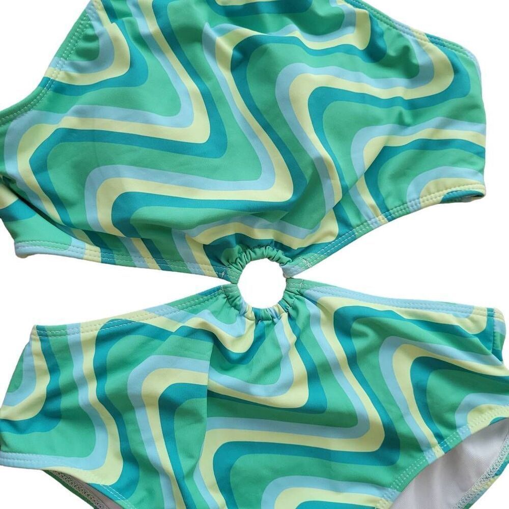 Green Yellow Blue Swirl Cut Out Waist One Piece Bathing Swim Suit - Picture 5 of 6